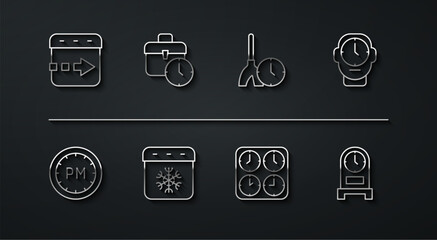 Set line Time flies on the clock, Day time, Clock, zone clocks, Calendar winter, Work, Antique and Cleaning icon. Vector