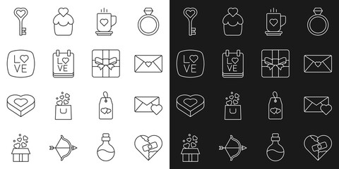 Set line Healed broken heart or divorce, Envelope with Valentine, Coffee cup and, Calendar February 14, Love text, Key shape and Gift box icon. Vector