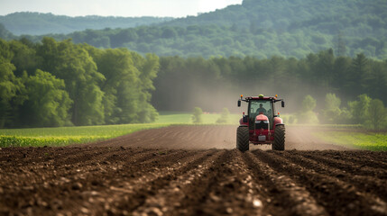 Beautiful Red Big Tractor Parked on the Field in the Shiny Day. Tractor spraying pesticides on rice, vegetables and corn with sprayer at spring. Modern red tractor seeding directly into the stubble. 