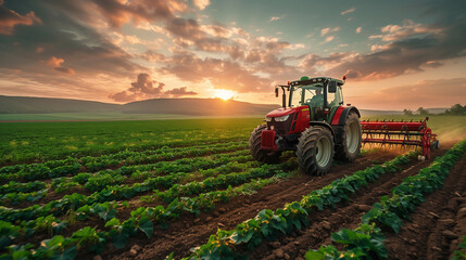 Fototapeta premium Beautiful Red Big Tractor Parked on the Field in the Shiny Day. Tractor spraying pesticides on rice, vegetables and corn with sprayer at spring. Modern red tractor seeding directly into the stubble. 