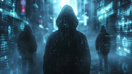 Visualize the concept of cybersecurity threats targeting cryptocurrencies, such as hooded figures representing hackers in front of code filled screens, or digital locks being picked by malware. - obrazy, fototapety, plakaty
