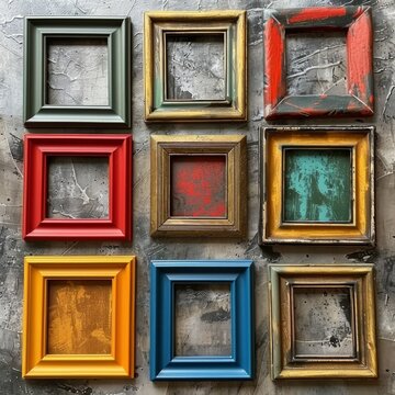 A collection of empty picture frames with various designs and colors is arranged against an artistically painted backdrop.