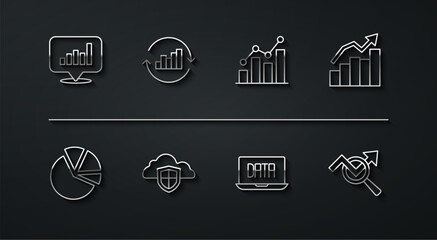 Set line Pie chart infographic, Financial growth, Data analysis, Cloud and shield, Search data and icon. Vector