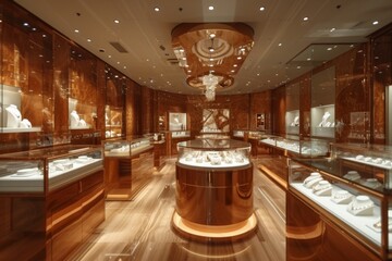 Marble floors and sophisticated glass display cases line the illuminated interior of a high-end jewelry store.