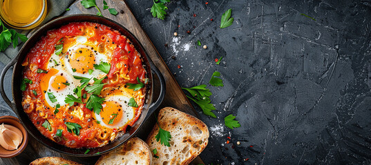Shakshuka Poached eggs in a spicy tomato-pepper sauce, often served with bread for dipping. - obrazy, fototapety, plakaty