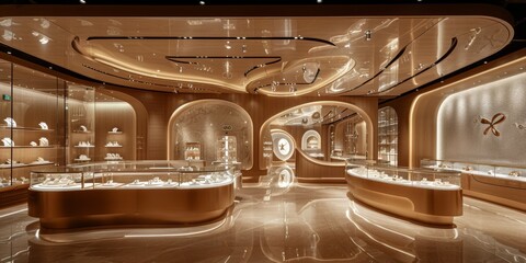 Marble floors and sophisticated glass display cases line the illuminated interior of a high-end jewelry store.