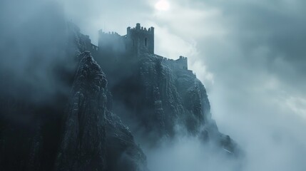 A castle is on top of a mountain with fog surrounding it - obrazy, fototapety, plakaty