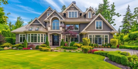 An elegant suburban house boasting a meticulous landscaped garden under the clear blue skies of a pleasant summer day. - obrazy, fototapety, plakaty