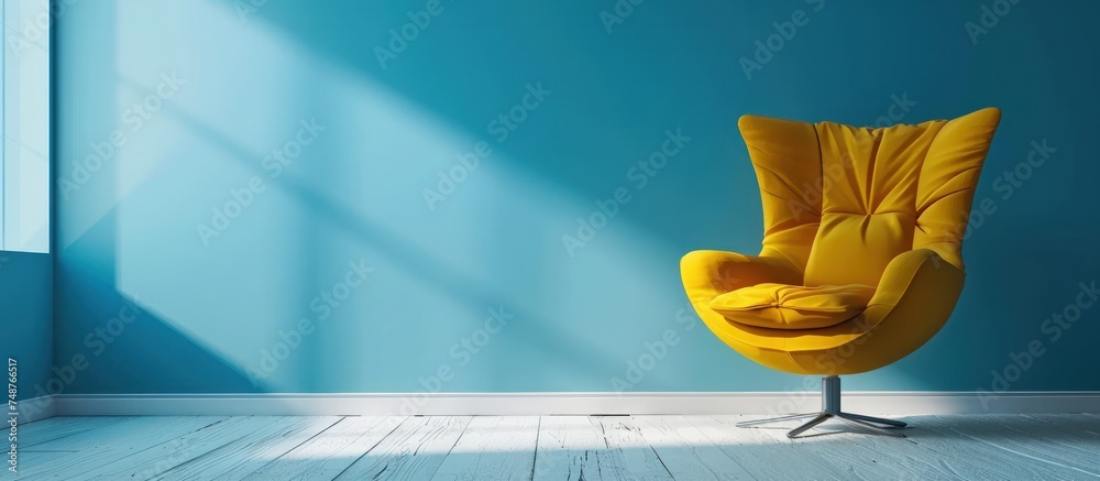 Canvas Prints Yellow armchair in empty room against copy space blue wall background. Generated AI image