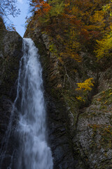 日本　青森県中津軽郡にある世界遺産、白神山地の暗門滝の第2の滝と紅葉