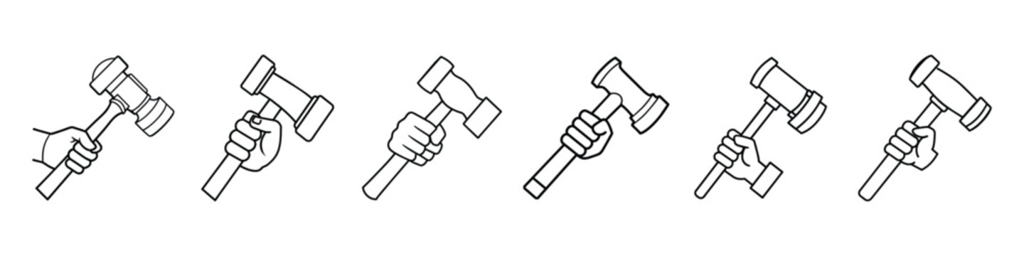 Hammer icon, Hand holding a hammer, Hand holding hammer to repair or fix things line icon, Hammer in Hand icon, judge gavel in hand.