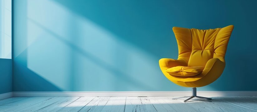 Yellow armchair in empty room against copy space blue wall background. Generated AI image