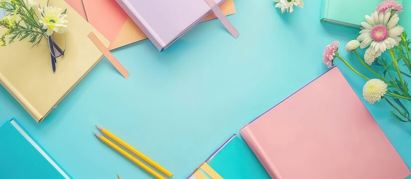 Stack books, pencils, notepad and flower on the table isolated pastel color background. Generated AI