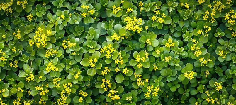 Barbarea vulgaris, wild yellow flowers known as bittercress, barbara grass and arugula, grow in a clearing.
