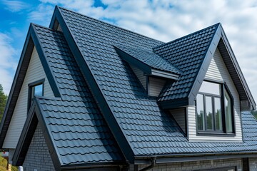 A sleek dark metal dart roof window installed on a pitched roof under a clear blue sky. - obrazy, fototapety, plakaty