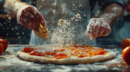 Male hands using flour sprinkles to make pizza dough. Generative Ai - obrazy, fototapety, plakaty