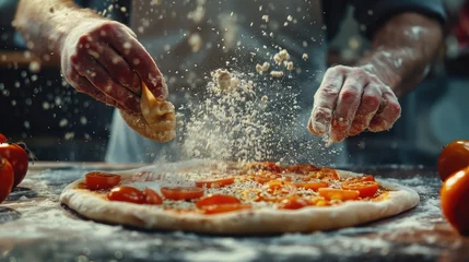 Tuinposter Male hands using flour sprinkles to make pizza dough. Generative Ai © Imran