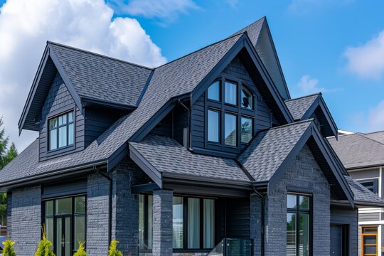 A sleek dark metal dart roof window installed on a pitched roof under a clear blue sky.