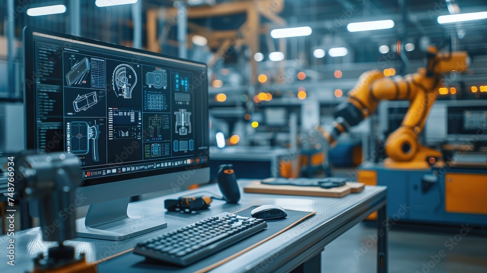 Leinwandbilder A computer with a CAD software on the screen in the foreground and machinery in the background. Generative AI.