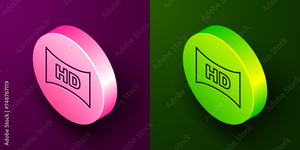 Wall mural isometric line hd movie, tape, frame icon isolated on purple and green background. circle button. ve