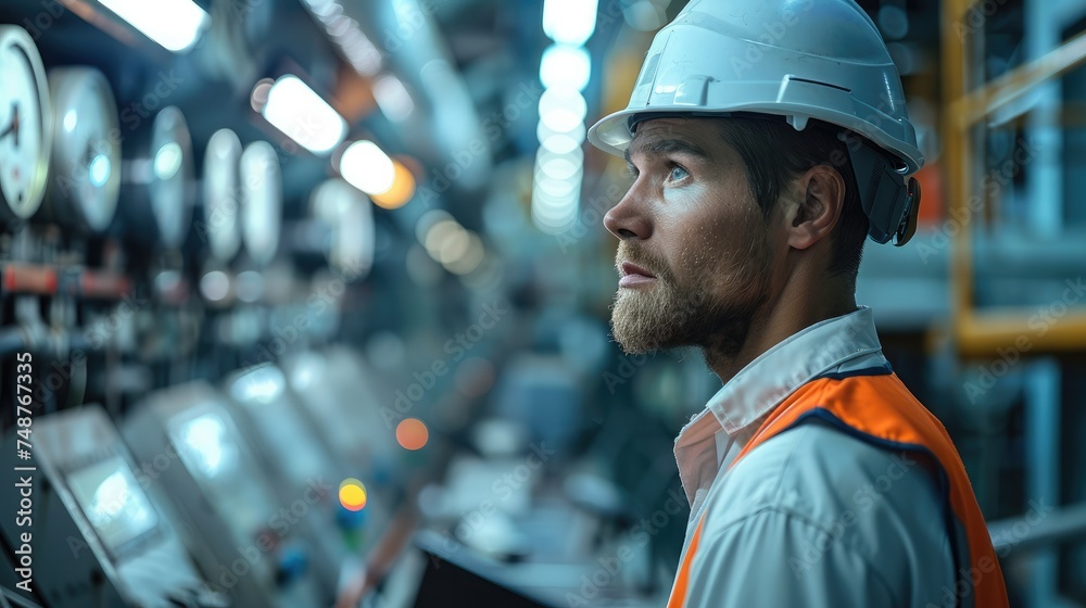 Poster Engineer operator of power plant, operating machine. Generative AI.