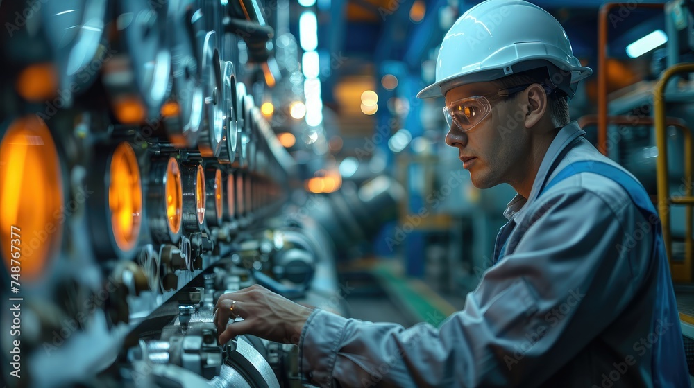 Poster Engineer operator of power plant, operating machine. Generative AI.