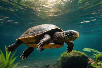 Obraz premium A big Amazon river turtle swimming underwater.