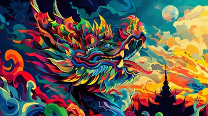 Fototapeta na wymiar Abstract vibrant colors illustration of Dragon, pop art design background or wallpaper.