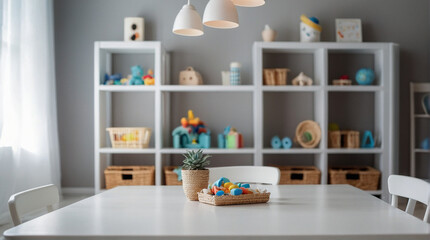 Modern empty table in bokeh game room interior background. for display of assembly products.
Mockup wall in children's playroom on white wall color background. 3d rendering