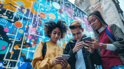 Three young friends engrossed in their smartphones, standing in front of a vibrant graffiti-covered wall.