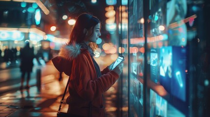 Obraz premium A young woman is absorbed in her smartphone beside a dazzling neon-lit storefront on a bustling city street at night.