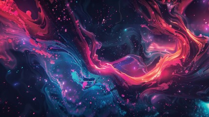 Vivid abstract art depicting a fluid cosmic scene with swirling neon colors and glittering...