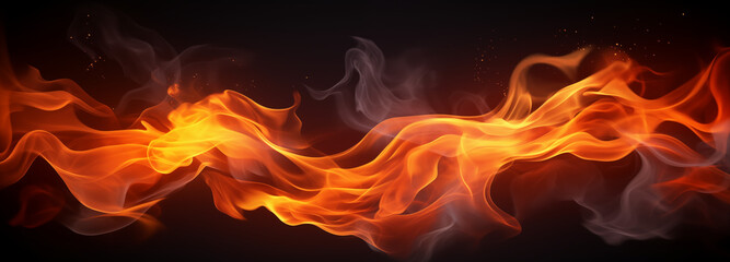 Fototapeta premium Banner with abstract flames of fire with burning smoke float up black background.