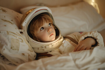Little child in an astronaut costume and dreaming of becoming a spaceman.