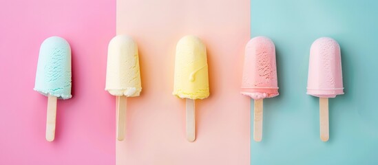 Various tasty sweet Ice cream sticks isolated on pastel colors background. Generated AI image - obrazy, fototapety, plakaty