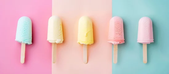 Foto op Plexiglas Various tasty sweet Ice cream sticks isolated on pastel colors background. Generated AI image © is