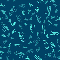 Green line Audio jack icon isolated seamless pattern on blue background. Audio cable for connection sound equipment. Plug wire. Musical instrument. Vector