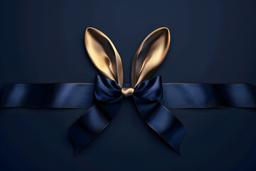 Luxury bow and ribbon with Easter bunny rabbit shaped on dark background.