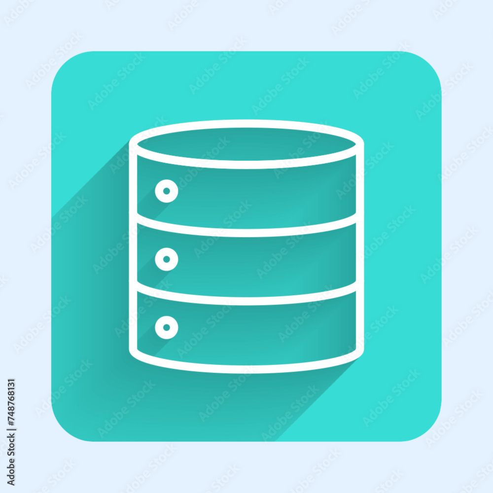 Poster white line server, data, web hosting icon isolated with long shadow background. green square button.