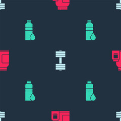 Set Sports nutrition, Dumbbell and Fitness shaker on seamless pattern. Vector