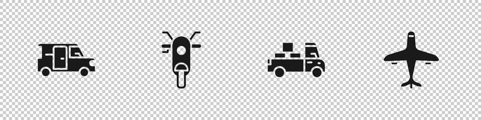 Set Minibus, Scooter, Delivery truck and Plane icon. Vector