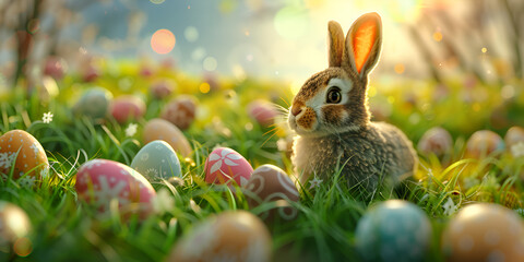 Fototapeta na wymiar Happy bunny with many easter eggs on grass festive background for decorative design,Easter bunny poster background 