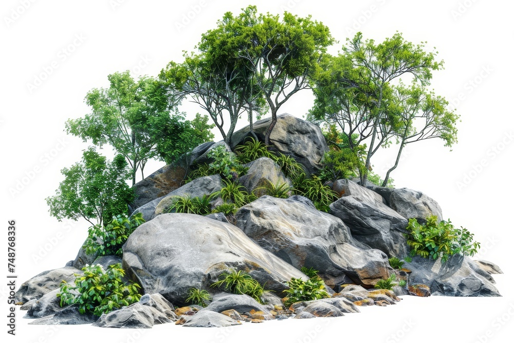 Poster Trees in a forest on an island. Rocks on the island. A white background isolates the trees and mountain.