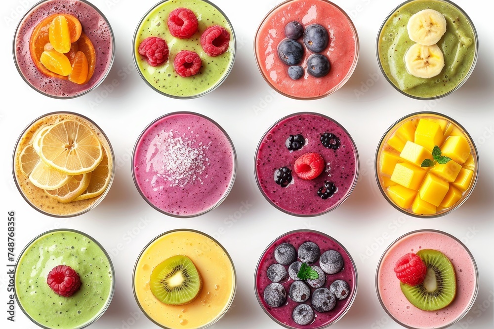 Poster isolated on a white background, a set of various fresh fruit smoothies can be seen from the top.