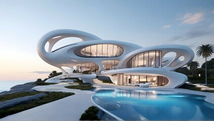 Obraz na płótnie Canvas huge modern futuristic coastal estate with fashionmodell