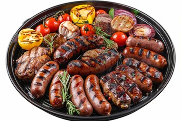 The best meat and bratwurst you've ever had, grilled over coals with vegetables - obrazy, fototapety, plakaty