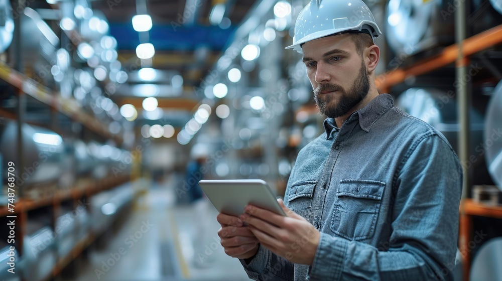 Leinwandbilder worker working in a modern factory with a tablet in his hands. generative ai.