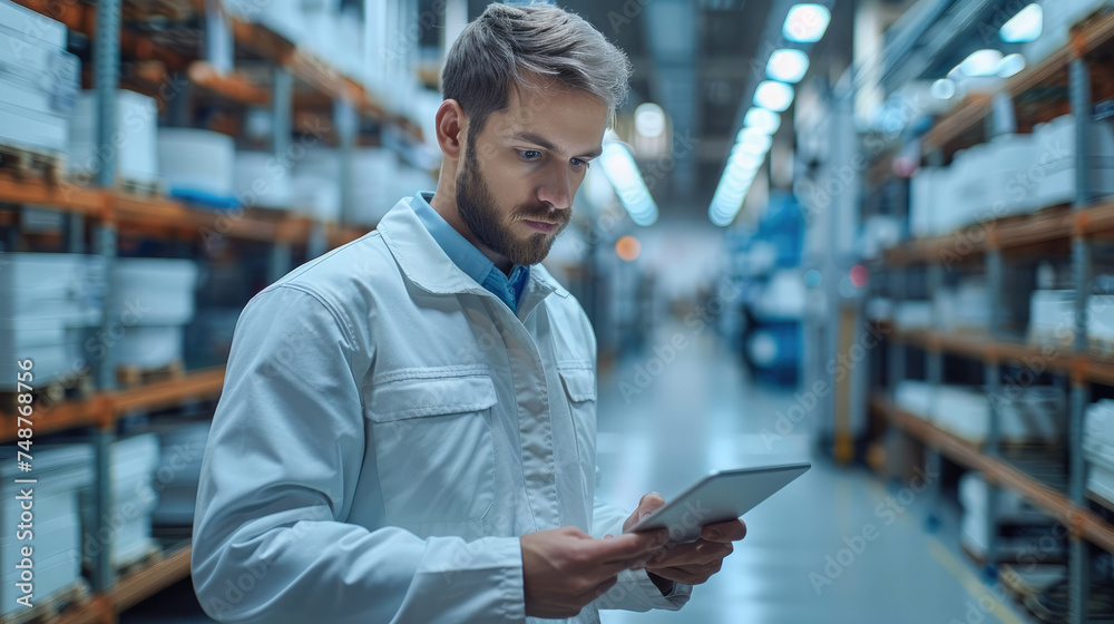 Leinwandbilder worker working in a modern factory with a tablet in his hands. generative ai.