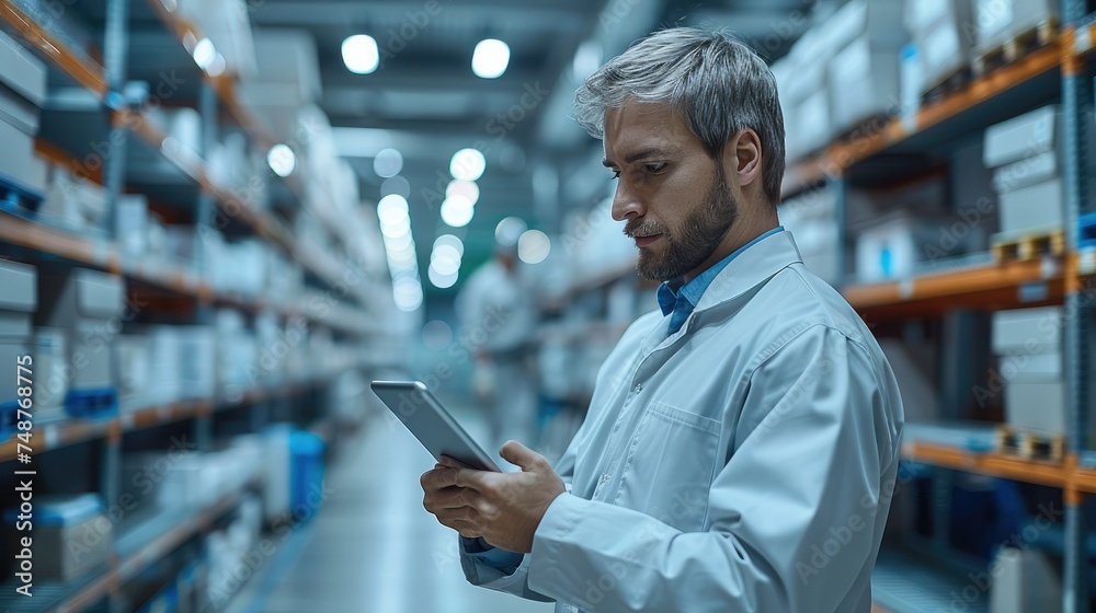 Leinwandbilder worker working in a modern factory with a tablet in his hands. generative ai.