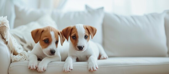 Portrait of two cute puppies lying comfortably on a light sofa in a modern living room, concept of pet care, animal behavior
